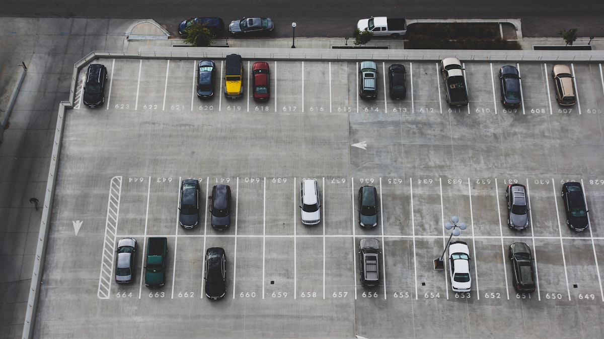 Municipal parking lot and street parking in a small coastal city